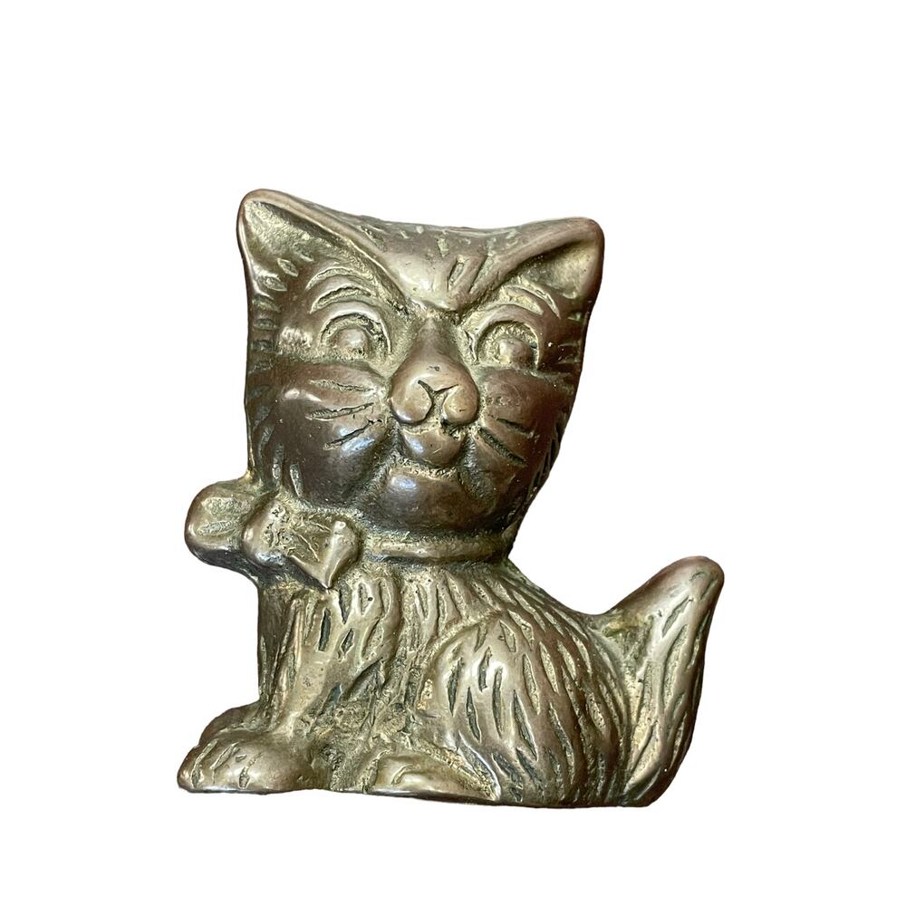 Vintage Brass Cat Figure Taiwan For Action Paperweight MCM Kitten Sitting Metal
